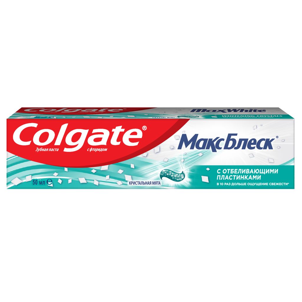 Colgate Макс Блеск с отбеливающими пластинками зубная паста, паста зубная, 50 мл, 1 шт.