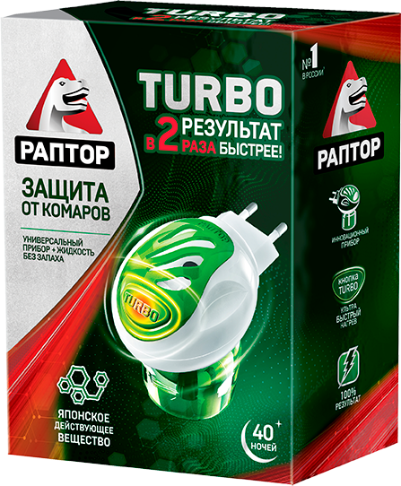 фото упаковки Раптор Turbo от комаров комплект фумигатор+жидкость 40 ночей