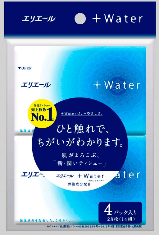 Elleair +Water Салфетки бумажные, 4 упаковки по 14 платочков, платочки, без аромата, 56 шт.