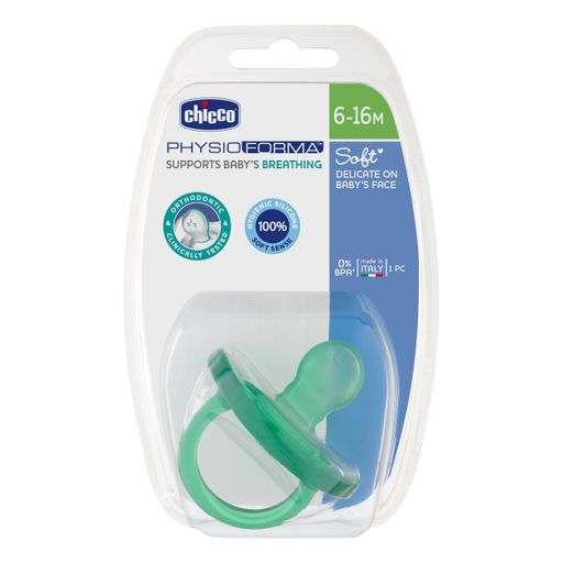 Chicco Physio Soft Пустышка силиконовая ортодонтическая, для детей с 6 месяцев, зеленого цвета, 1 шт.