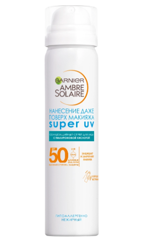 Garnier ambre solaire спрей для лица солнцезащитный супер uv, SPF50+/PPD27, 75 мл, 1 шт.